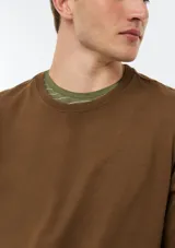 Remera marrón de manga larga, cuello redondo y diseño liso básico.