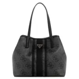 Cartera tipo tote Guess modelo Victtoria, color negro con estampado de logo monograma y franja central vertical. Cuenta con doble asa de hombro y placa metálica triangular con logo en el frente.