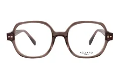 Lentes de receta Azzaro con armazón de acetato en color marrón translúcido, diseño de forma geométrica redondeada y detalles metálicos en las bisagras.