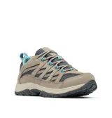 Championes de trekking Columbia modelo Crestwood, con diseño de caña baja. Presentan una combinación de cuero gamuzado y malla técnica en tonos gris y beige, con detalles en color turquesa en los cordones y el interior. Cuentan con entresuela Techlite para amortiguación y suela de goma Omni-Grip de alta tracción.