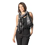 Pashmina rectangular de tejido ligero con estampado animal print en tonos grises y negros.
