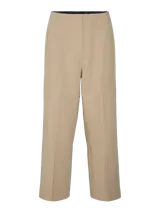 Pantalón sastrero de tiro alto y corte recto, color beige, con pinzas frontales y tejido elástico.