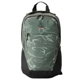 Mochila Rip Curl Overtime 30L Motion color verde con estampado abstracto en tonos más claros y base negra. Cuenta con cierre superior, bolsillo frontal con cierre y asas de mano superiores.