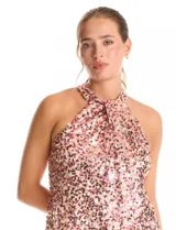 Blusa sin mangas con escote halter, confeccionada en tela cubierta de lentejuelas en tonos rosados y dorados. Presenta un diseño recto y forro interno a tono.