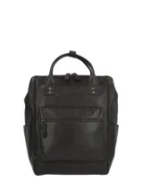 Mochila maletín de cuero color marrón oscuro, con compartimento principal con cierre, bolsillo frontal con cierre y bolsillos laterales. Cuenta con asas superiores y compartimento para notebook.