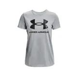 Remera gris de Under Armour con logo grande de la marca estampado en negro en el pecho.