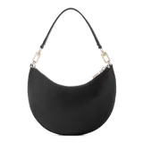 Cartera Guess modelo Tasmin de formato media luna, color negro, con cierre superior y correa de hombro. Presenta una cadena decorativa frontal con múltiples charms metálicos y con cristales, incluyendo el logo de la marca, un corazón, un candado y una flor. Cuenta con el logo triangular de Guess en el centro.
