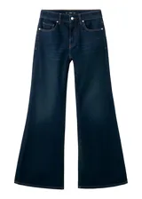 Jeans de denim azul oscuro con corte wide leg, tiro medio y botamanga ancha.