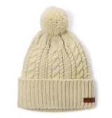 Gorro de punto con diseño de trenzas, color beige con detalles en amarillo neón. Cuenta con un pompón superior, borde doblado y forro interior de micropolar. Incluye una etiqueta de cuero con el logo de la marca en el lateral.