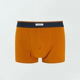 Pack de tres bóxers de algodón para hombre, uno a rayas horizontales azul y marrón, uno liso color ladrillo y uno azul con estampado de puntos marrones. Todos tienen cintura elástica azul.