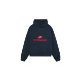 Hoodie de corte oversized color azul marino, con capucha, bolsillo frontal tipo canguro y el texto "COPENHAGEN" bordado en rojo acompañado de un emblema tricolor en el pecho.