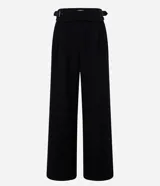 Pantalón pantalona de sastrería color negro, de cintura alta con diseño cruzado y hebillas laterales.