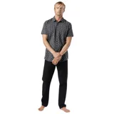 Camisa de manga corta color gris oscuro con estampado de palmeras blancas. Tiene cuello clásico, cierre con botones y bolsillo en el pecho.