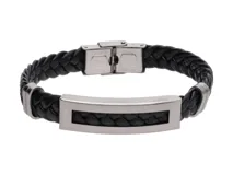 Pulsera de cuerina trenzada color negro con apliques de acero inoxidable.