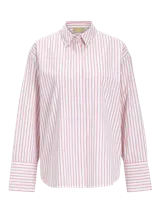 Camisa de popelín de manga larga con cuello clásico y cierre frontal de botones. Presenta un diseño de rayas verticales finas en color rosado sobre fondo blanco, con un corte relajado y puños anchos.