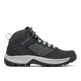 Bota de senderismo impermeable Columbia, color negro con detalles en gris y verde menta. Presenta una combinación de cuero y malla en la parte superior, con entresuela amortiguada y suela de alta tracción.
