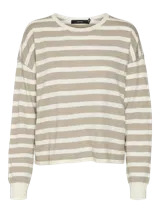 Sweater de punto con diseño de rayas horizontales en tonos neutros, cuello redondo y mangas largas con puños ajustados.