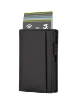 Billetera compacta de cuero sintético marrón con mecanismo de acceso rápido emergente para tarjetas y bloqueo RFID y NFC.