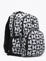 Mochila negra con tres compartimentos con cierre y dos bolsillos laterales abiertos con elástico.