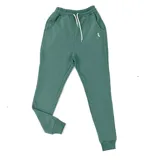 Pantalón de jogging verde con puños ajustados, bolsillos laterales y logo bordado de un pato en el muslo.