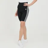 Calza corta de lycra negra con cintura alta y tres rayas blancas verticales en los laterales. Logo de Adidas bordado en blanco en la pierna izquierda.