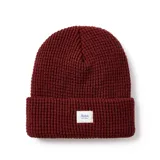 Gorro de lana tejido color bordó, con dobladillo y etiqueta con logo de la marca Katin.