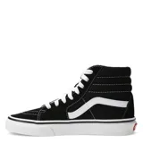 Championes Vans modelo Sk8-Hi de caña alta, color negro con la icónica banda lateral blanca. Confeccionados en una combinación de gamuza y lona, cuentan con suela de goma tipo waffle, punteras reforzadas y cuello acolchado para mayor comodidad.