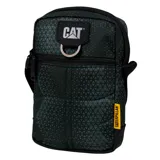 Bolso bandolera Caterpillar Rodney, color negro con estampado geométrico en verde oscuro. Cuenta con logo de la marca en el frente, bolsillo frontal con cierre y correa ajustable.