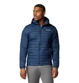 Campera acolchada Columbia modelo Silver Falls II Hood, color azul marino, con capucha integrada, cierre frontal completo y bolsillos laterales con cierre. Presenta tecnología Omni-Shield repelente al agua y aislamiento térmico Thermarator.