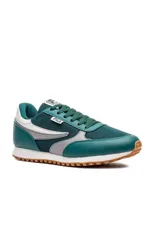 Championes deportivos Fila Reno Classic para hombre, en color verde botella con detalles en gris y blanco, entresuela blanca y suela de goma tipo tractor.