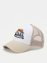 Gorra tipo trucker Von Dutch con panel frontal blanco, visera y malla trasera en color beige. Presenta un bordado central con el logo de la marca y un ojo alado.