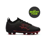 Championes de fútbol para césped, color negro con detalles en rojo simulando un rayo o grieta. Tienen cuello tipo calcetín y tapones rojos.