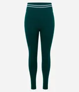 Pantalón legging deportivo Get Over de color verde oscuro, confeccionado en microfibra seamless con cintura elástica de rayas contrastantes blancas.