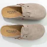 Zuecos grises de cuero gamuzado con plantilla ergonómica de corcho-látex y suela de EVA.