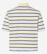 Blusa tipo polo de algodón a rayas horizontales en tonos celeste, amarillo y marrón.