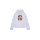 Hoodie oversized color gris melange con capucha, bolsillo tipo canguro y estampado frontal con el logo de la marca en azul marino y naranja.