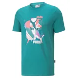 Remera turquesa de corte clásico con estampado del logo de Puma en el frente, con detalles en rosa y blanco.