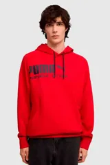 Canguro Puma Sport Hoodie color rojo, con capucha y cordones ajustables oscuros, y gran estampado gráfico frontal de la marca en negro.