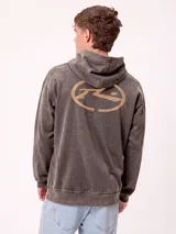 Canguro con capucha de calce holgado, color celeste con efecto lavado, bolsillo tipo canguro y estampa frontal con el logo de la marca.