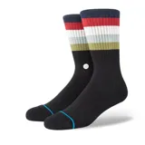 Medias negras con rayas horizontales de colores en la parte superior y detalle de línea celeste en la puntera.