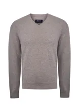 Sweater de hombre con escote en V, confeccionado en una mezcla de lana y cashmere. Presenta un diseño clásico de manga larga con puños y ruedo acanalados.