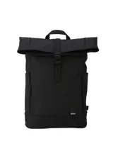 Mochila urbana Terrano modelo Palermo, confeccionada en neopreno negro. Presenta un diseño de tapa enrollable con cierre de hebilla, compartimento principal con cremallera, bolsillos frontales con cierres impermeables y espacios laterales para botellas.