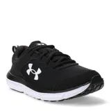 Championes de running Under Armour modelo Charged Assert 10, color negro con detalles en blanco. Presentan parte superior de malla transpirable con refuerzos sintéticos, tecnología de amortiguación Charged Cushioning en la entresuela y suela de goma resistente para mayor tracción.