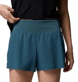 Short deportivo para correr de mujer, color azul, con cintura cómoda, slip elástico integrado y bolsillos, incluyendo uno de seguridad con cremallera.