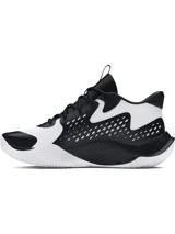 Championes de básquetbol Under Armour Jet 23, con diseño bicolor en blanco y negro. Presentan una parte superior de materiales mixtos para mayor durabilidad y transpirabilidad, entresuela Micro G® de longitud completa para amortiguación y suela de goma con patrón de tracción anatómico.