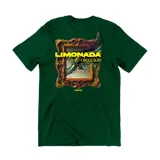 Remera verde oscura de manga corta y cuello redondo, confeccionada en algodón. Presenta un gran estampado en la espalda que simula un cuadro barroco dorado con la inscripción "Limonada de Colección" y salpicaduras de pintura abstractas.