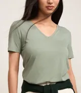 Blusa básica de manga corta y escote en V, color verde lima pálido.