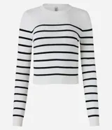 Blusa de punto de viscosa con cuello redondo, mangas largas y diseño de rayas horizontales contrastantes.
