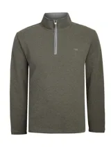 Buzo de hombre color verde oliva, tejido de punto, con cuello alto y cierre frontal parcial con cremallera gris.