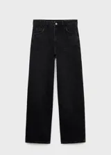 Pantalón de jean tiro alto con diseño wide leg, cinco bolsillos, cierre de cremallera y botón, y trabillas para cinturón.